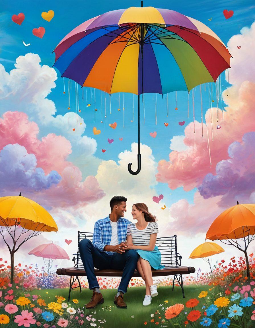 A whimsical scene featuring a couple laughing together under a colorful, oversized umbrella surrounded by floating hearts and playful cartoon animals. The background should be a dreamy, pastel landscape with swirling clouds and vibrant flowers that express joy. Include elements of whimsy like a heart-shaped clouds and oversized flowers. The overall composition should evoke a sense of joy, love, and laughter. super-realistic. vibrant colors. pastel background.