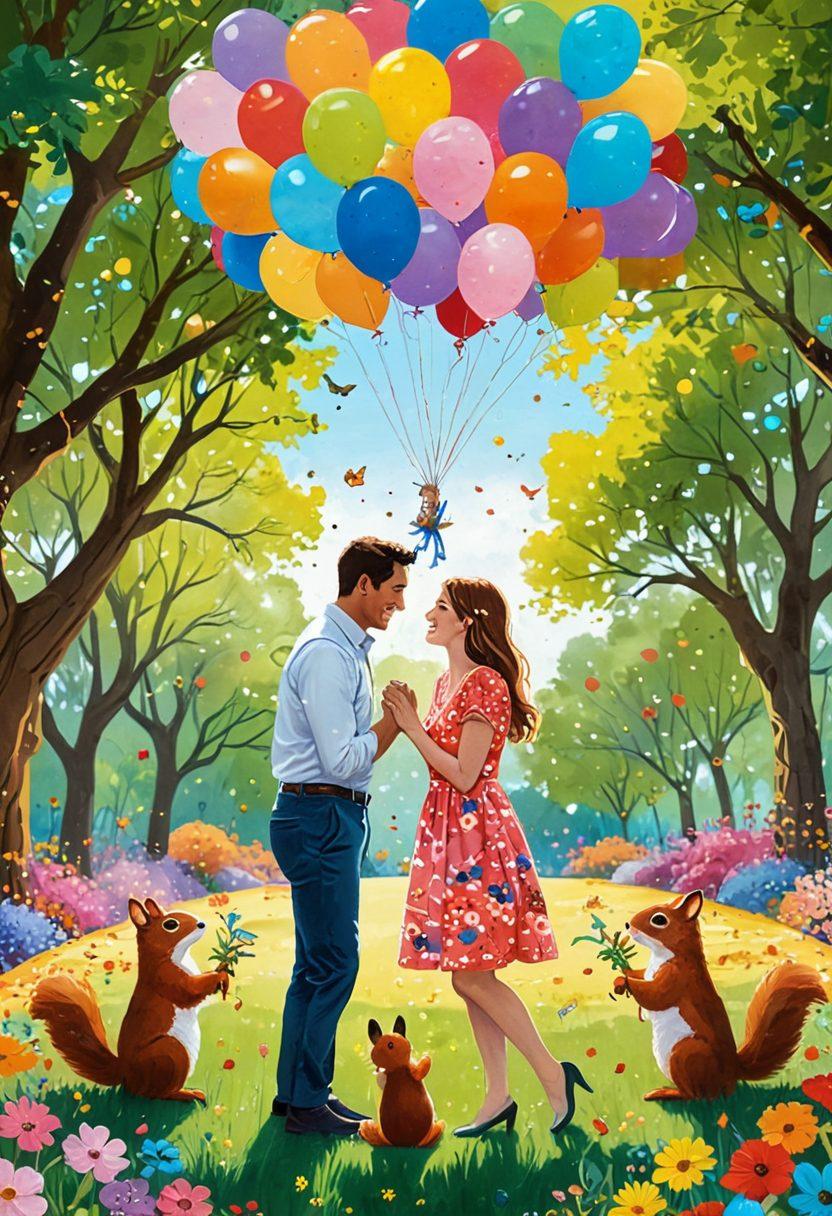 A whimsical scene depicting a couple sharing an affectionate moment in a colorful park, surrounded by vibrant flowers and playful animals. Balloons float in the air, and confetti gently falls around them, enhancing the joyful atmosphere. The couple is smiling, with a playful gaze, embodying love and happiness. Bright colors and a lighthearted vibe fill the image, inviting the viewer to celebrate love. vibrant colors. playful art style. soft background.