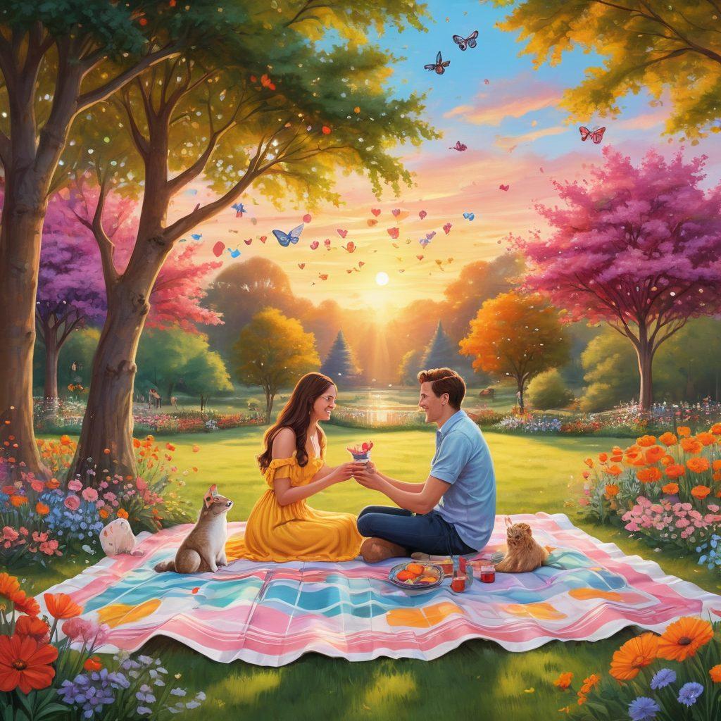 A couple sitting on a colorful picnic blanket in a whimsical park, surrounded by floating hearts and laughing animals, with playful, oversized flowers blooming around them. The scene is infused with elements of joy, such as butterflies and sparkle effects, creating an atmosphere of love and laughter in the air. The sky filled with soft, pastel hues at sunset enhances the romantic vibe. vibrant colors. illustration.